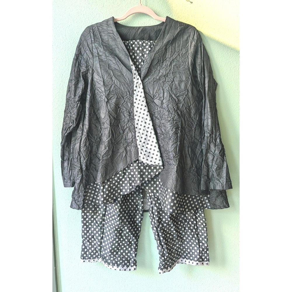 FH Clothing Co Art to Wear Lagenlook Crinkle Polka Dot Set Jacket Pants Grey M
